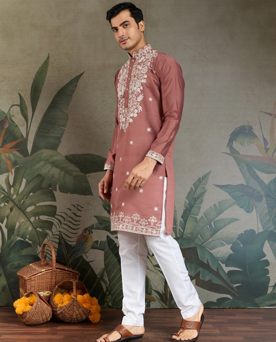 61324-pink - Pastel pink Thread & Sequence Hand Embroidered Men’s Kurta Set